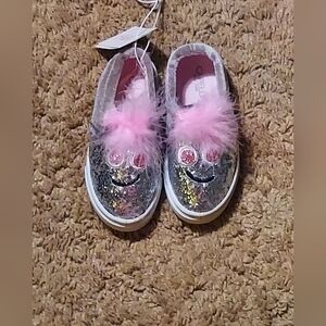 Capelli of New York Silver Glitter Shoes with Pink Fluff